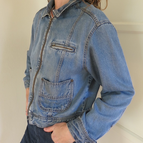 Vintage 1990s Blue Denim Jean Jacket Size M pockets zipper - Picture 2 of 13